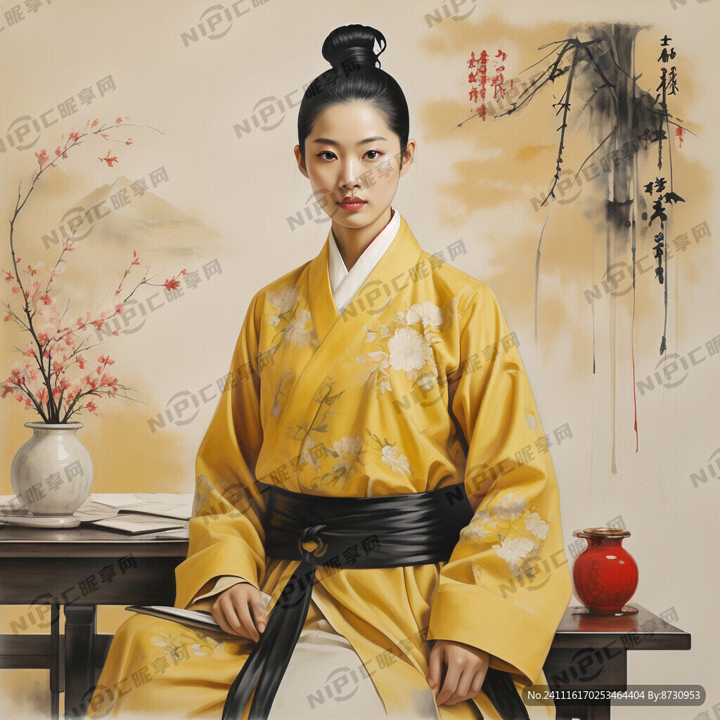 穿着黄色官服的考官 水墨风