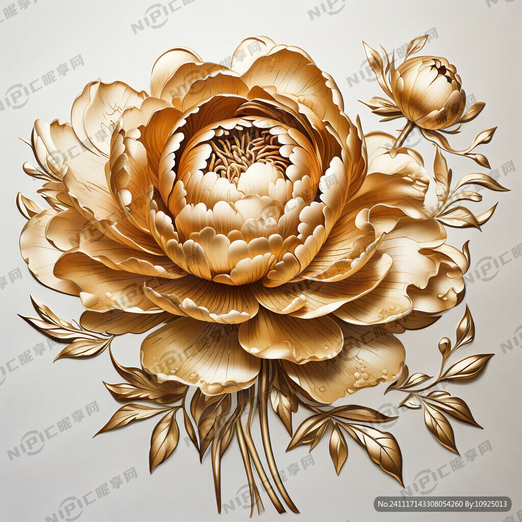 金色线描牡丹