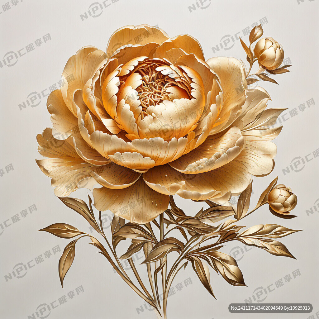 金色线描简体 牡丹