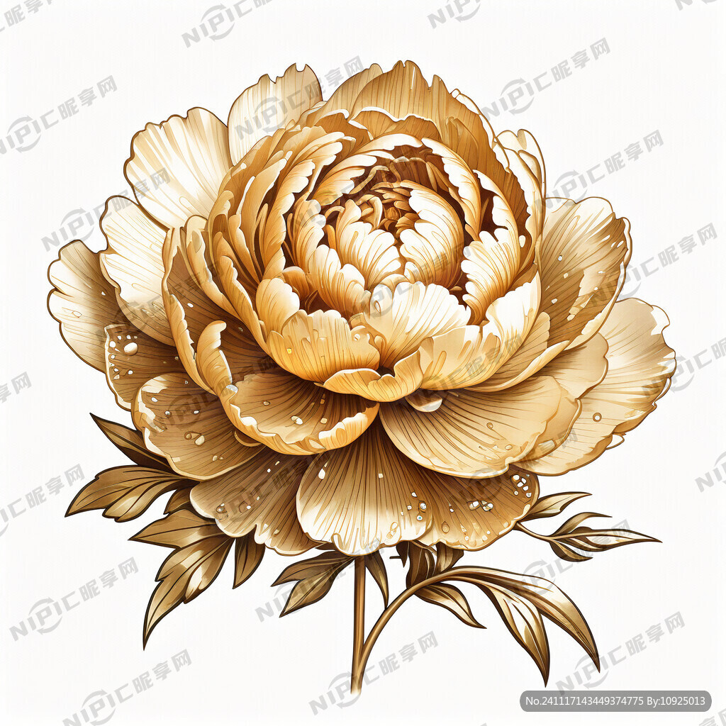 金色线描简笔画 牡丹