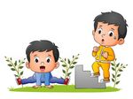 这对男孩花园楼梯上做体操跑步
