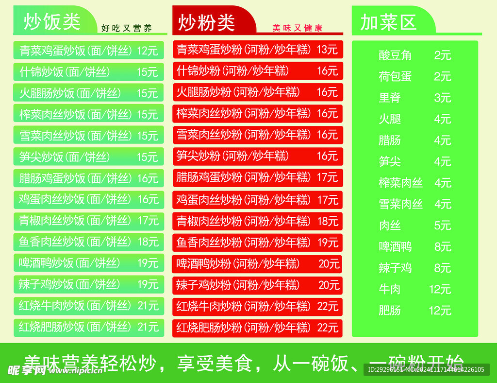 肥肠炒饭价目表