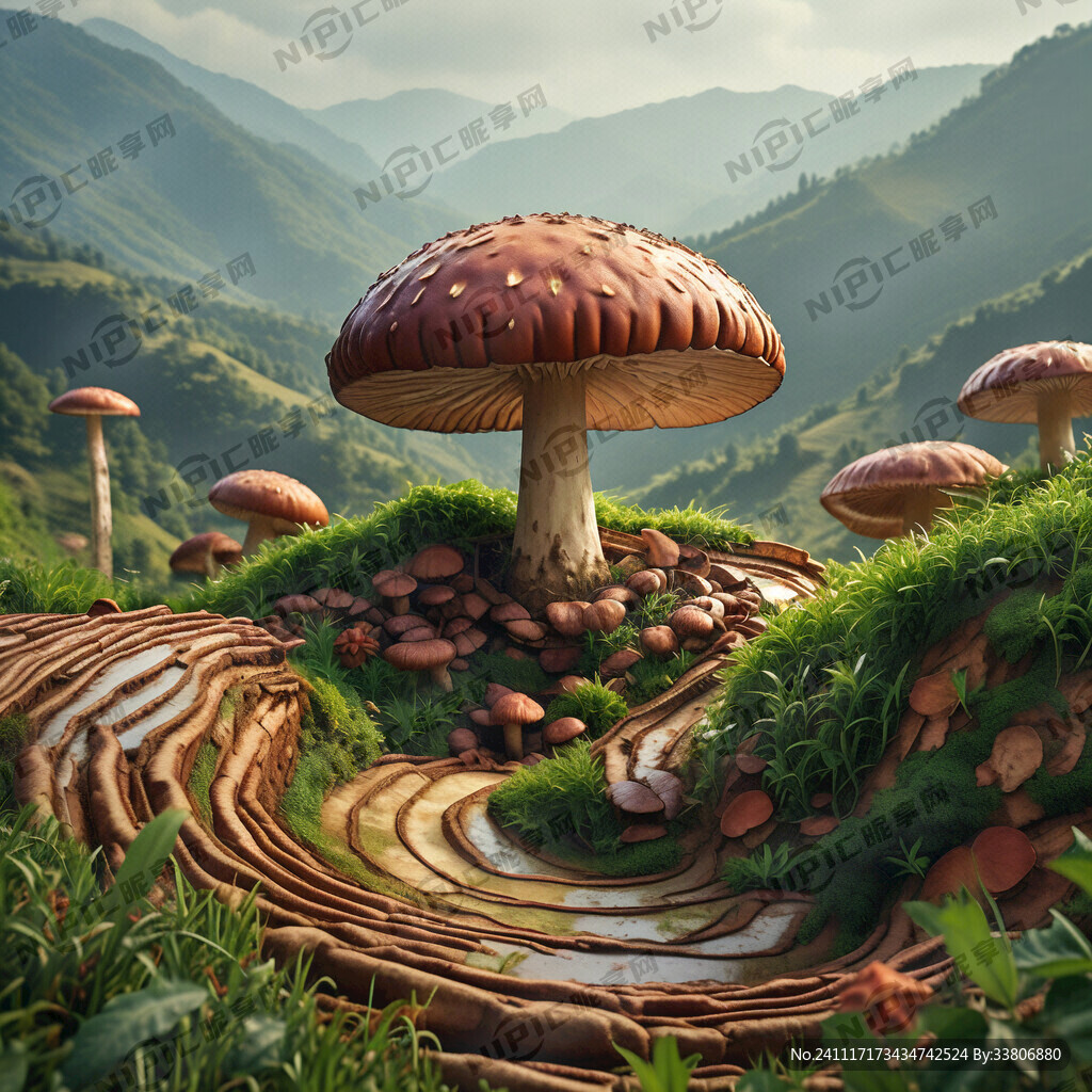 写实棕色香菇 错落有致 绿草地