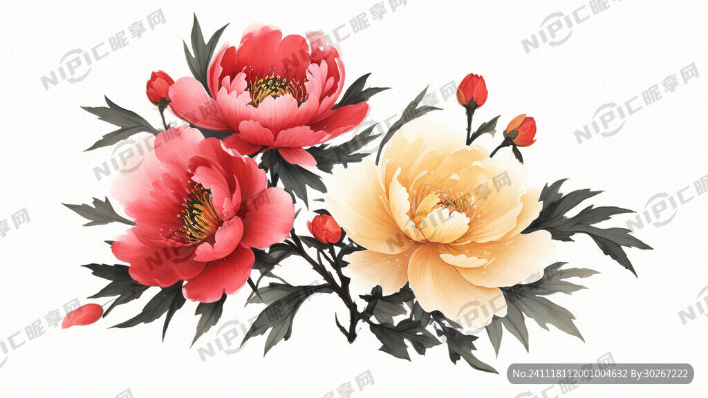 手绘牡丹花 水墨画 花开富桂