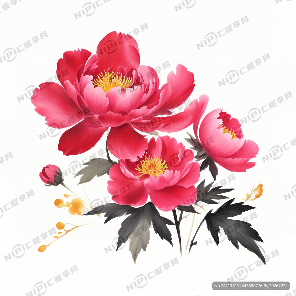 牡丹花 水墨画 花开富桂 方形