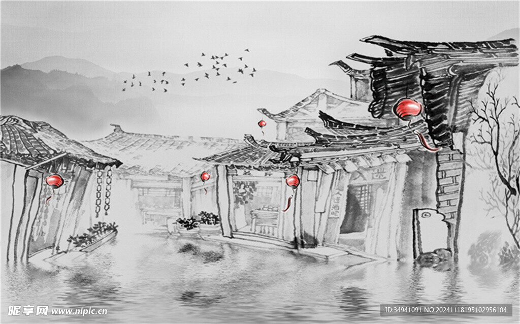 水墨 山水 简约 背景 客厅 