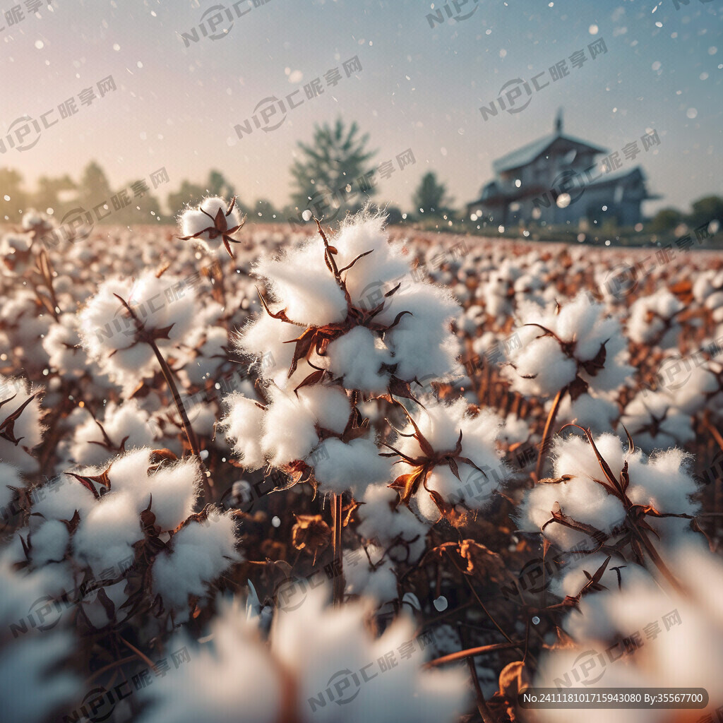 一朵朵棉花飘落在一整株棉花上