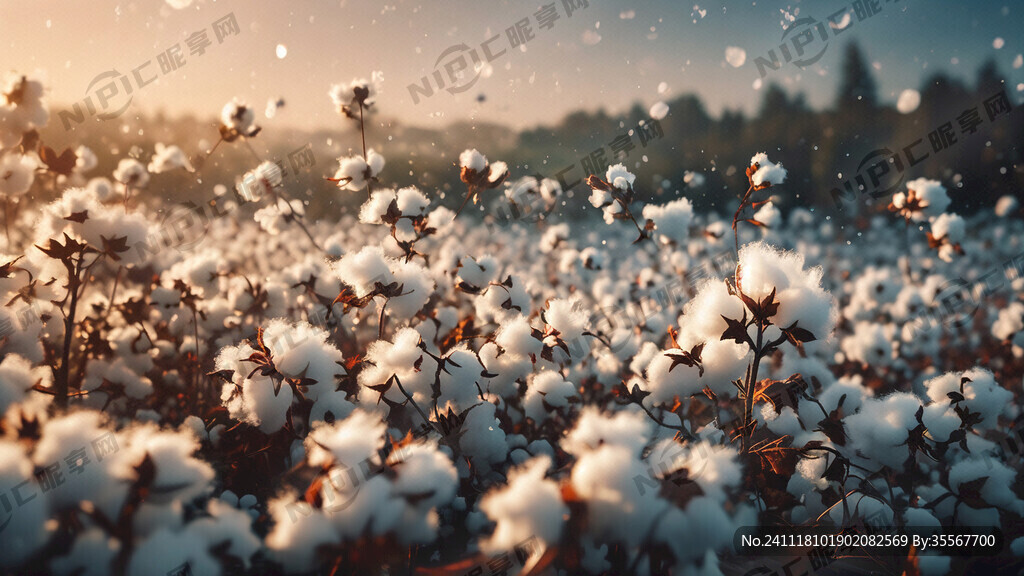 一朵朵棉花飘落在一整株棉花上