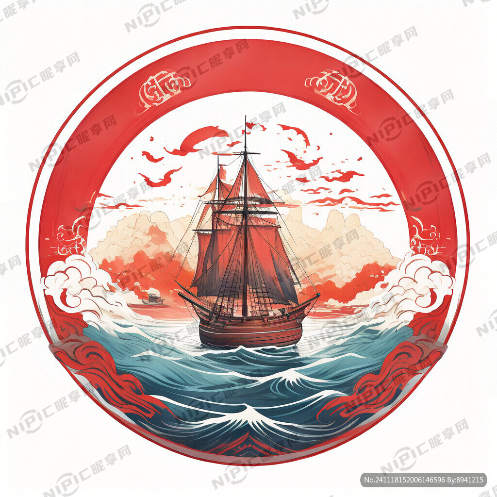 红色领航 有帆船的 圆型 标志