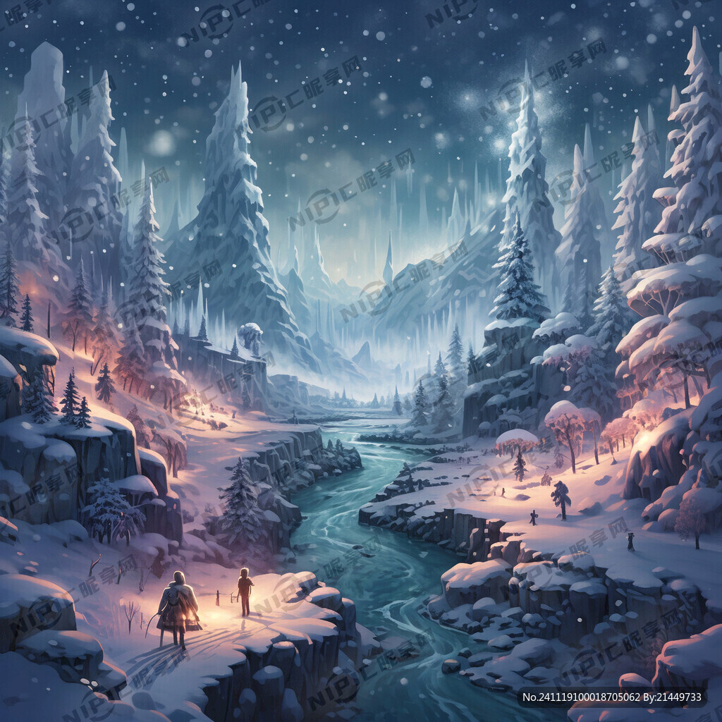 冬日雪景 山川河流的梦幻插画