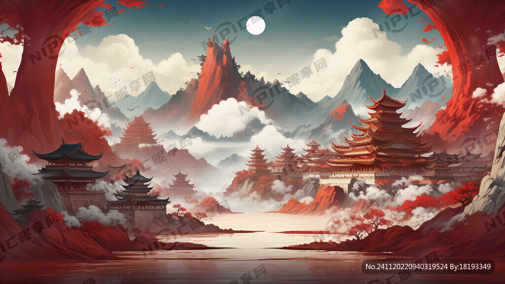 国潮 卷轴 江山如画 红色背景