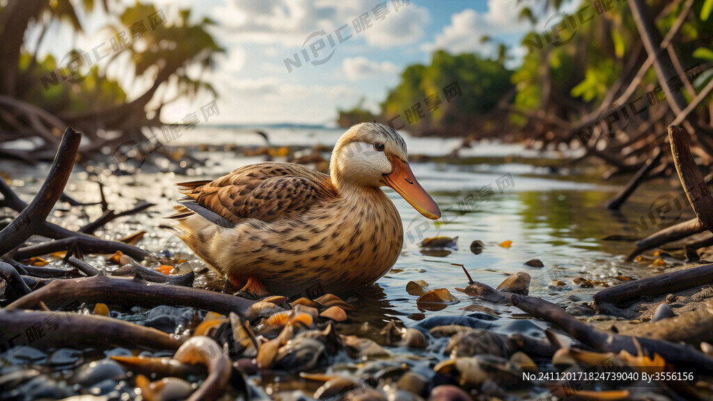 鸭子在红树林海滩上吃海螺