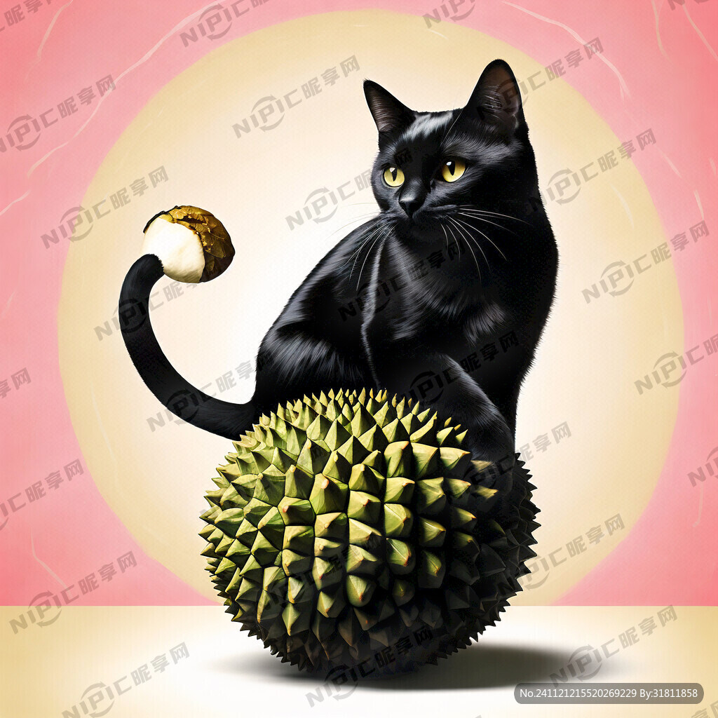黑猫全身 一只脚搭在榴莲上