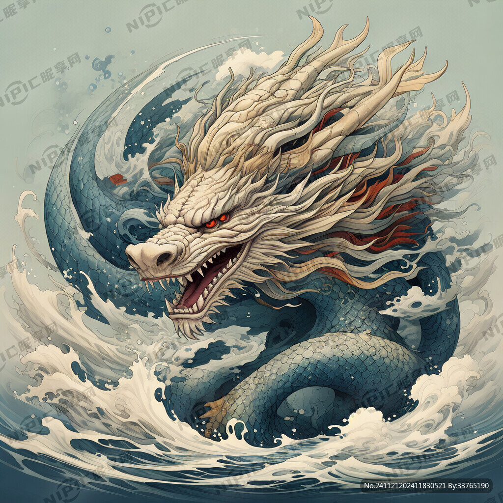 龙头的毛发和鳞片向后过渡成鱼群