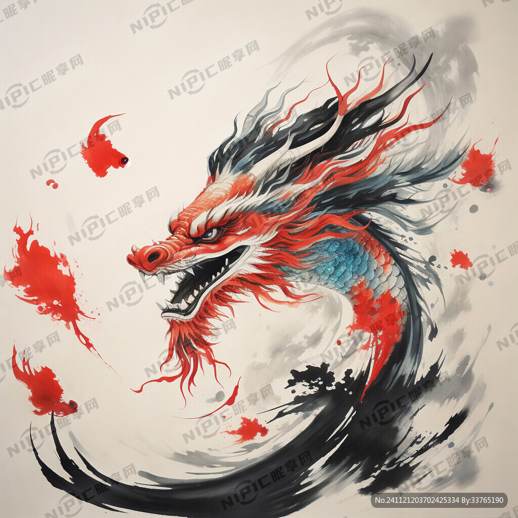 龙头的毛发和鳞片向后过渡成鱼群