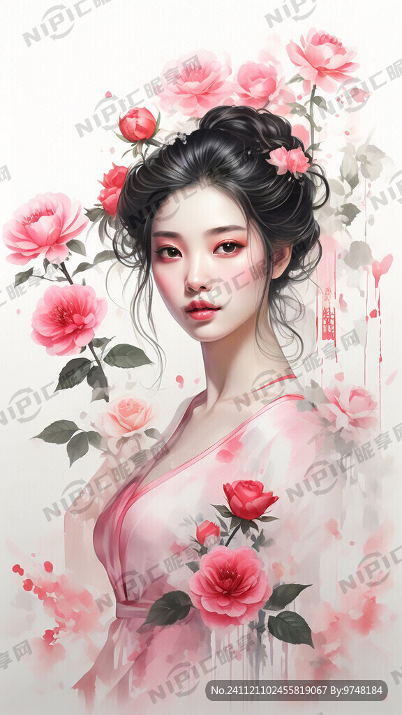 中国风 玫瑰花 美女 粉色