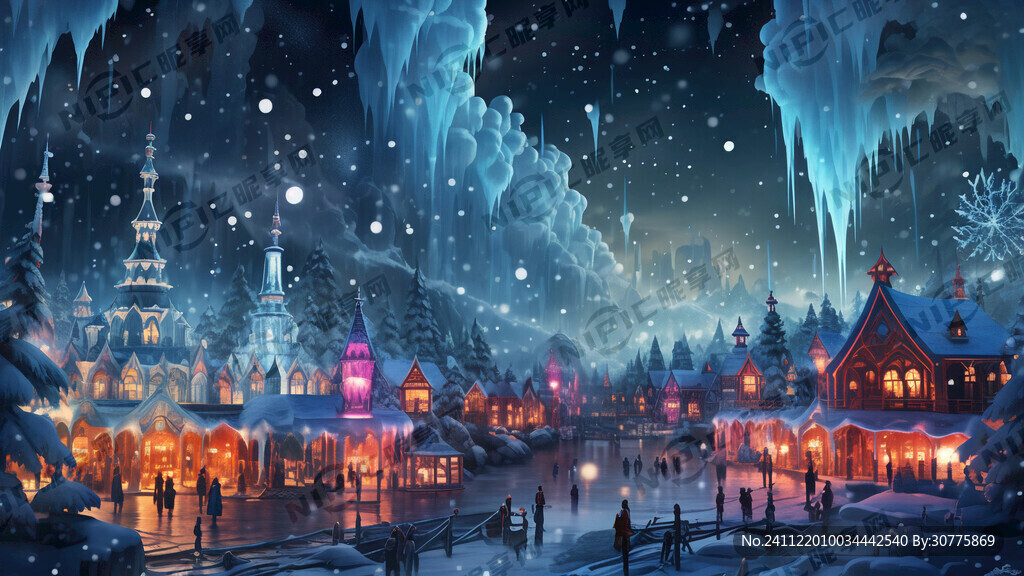 在岛上的冰雪乐园夜景 梦幻风景
