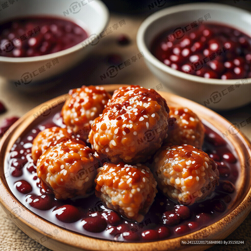 一串麻糬小丸子放在一杯红豆汤上