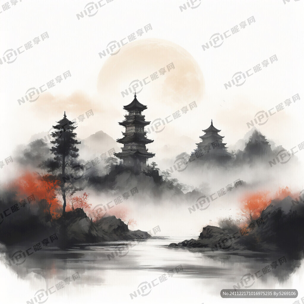 国风 山 线条画 月 塔 月亮
