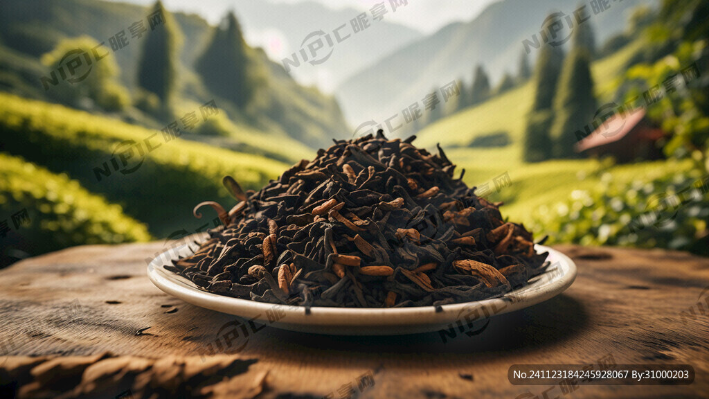 绿色茶山为背景墙面有一盘红茶茶