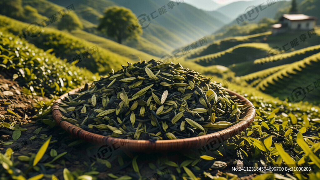 绿色梯田茶山为背景前面有一盘绿