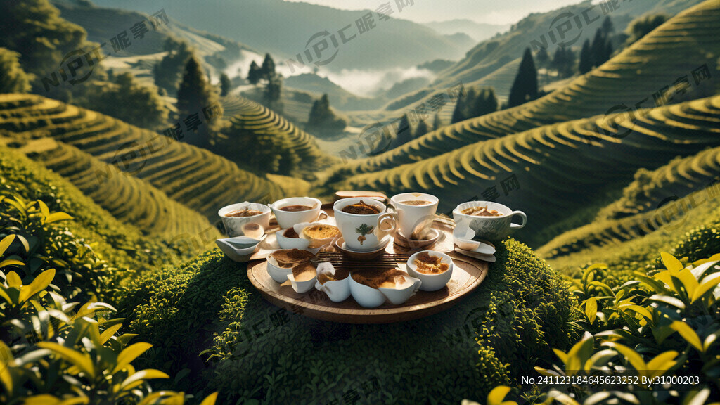绿色梯田茶山为背景前面有一盘白