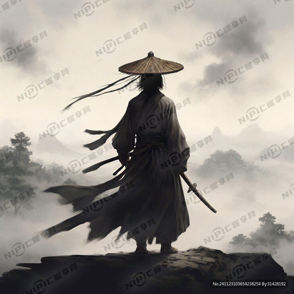 带斗笠的侠客 用剑指着 侧身