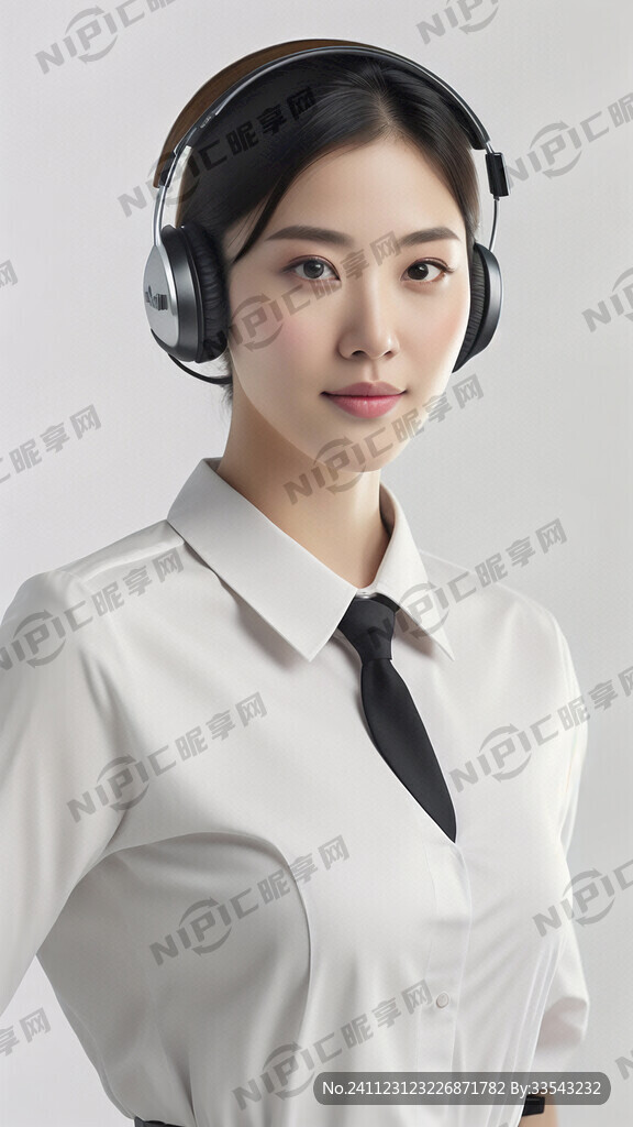 女性客服人员、戴耳机、全身、看