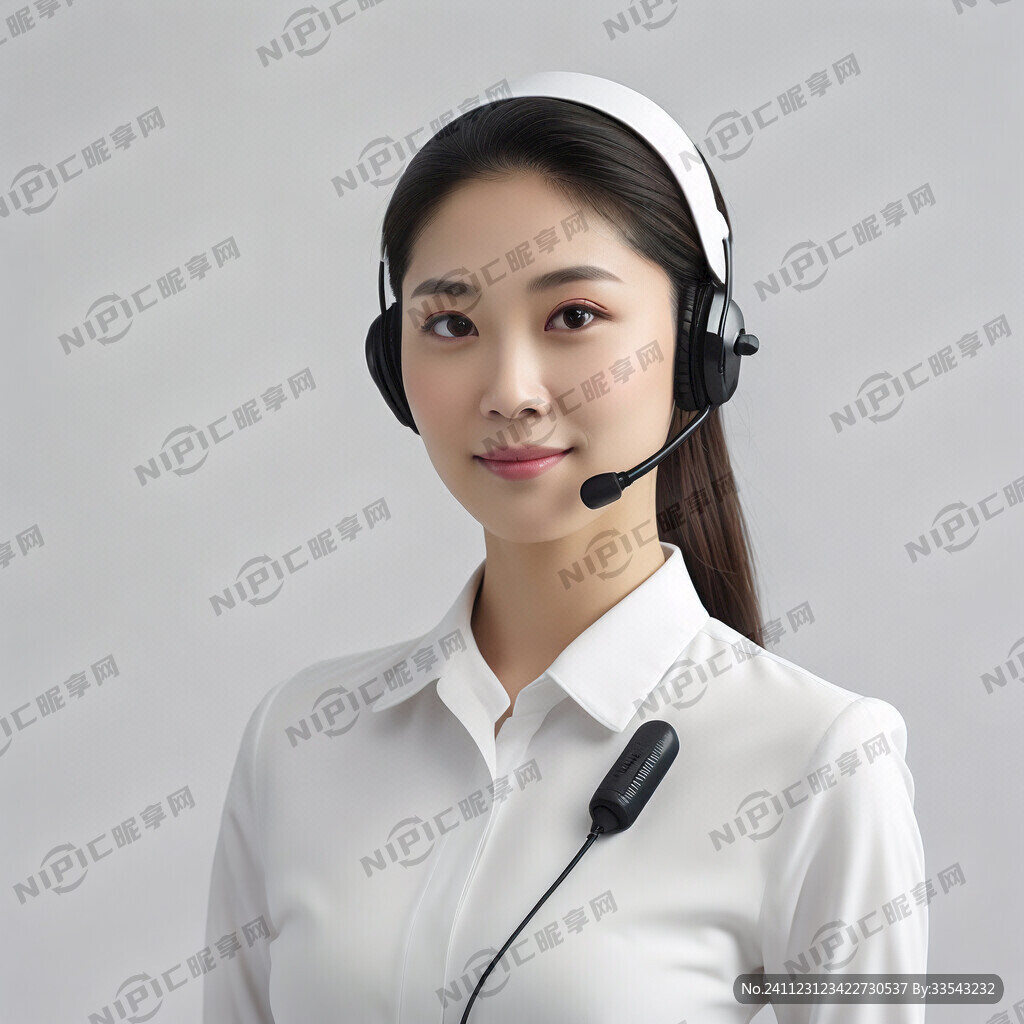 女性客服人员、戴带麦克风的耳机