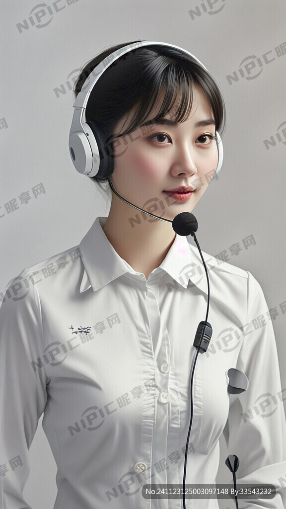 女性客服人员、戴带麦克风的耳机