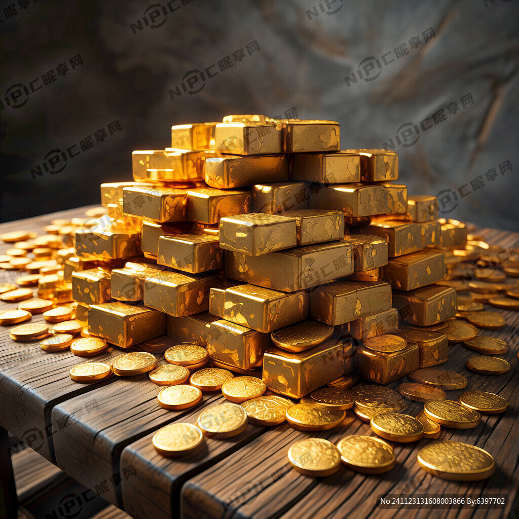 许多许多金黄色金块 堆成一堆