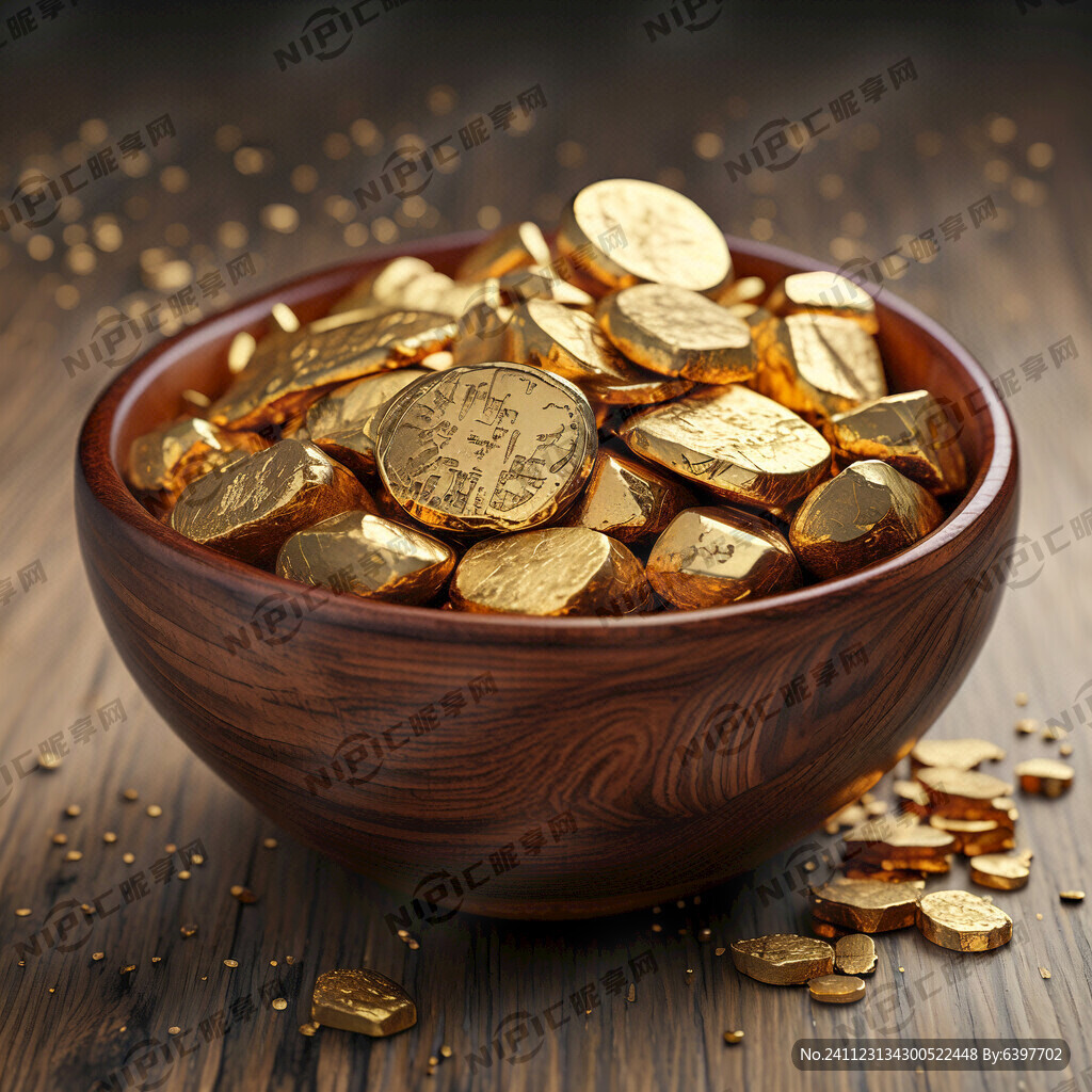 木碗里面装满不规则金块