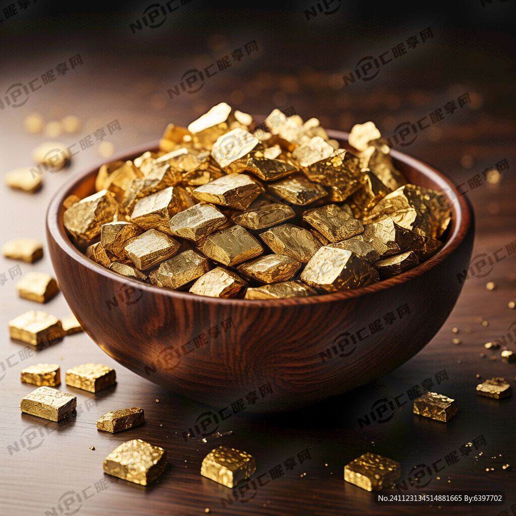 木碗里面装满满的不规则金块