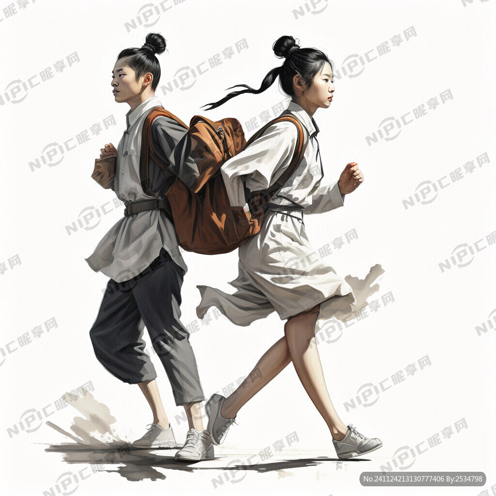 3个大学生向右边走 侧面 小跑