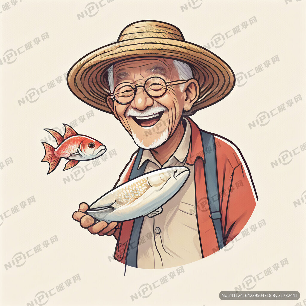 戴草帽 微笑 老爷爷抱着一条鱼