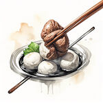 筷子夹着一个牛肉丸