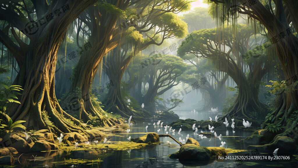 榕树林的有很多白鹭  梦幻场景