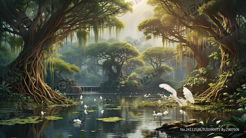 榕树林外景  有水  有白鹭