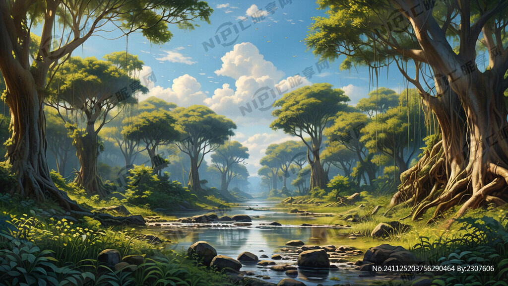 茂盛的榕树林外景  蓝天白云
