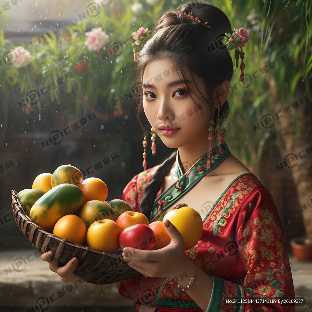 傣族美女手捧水果