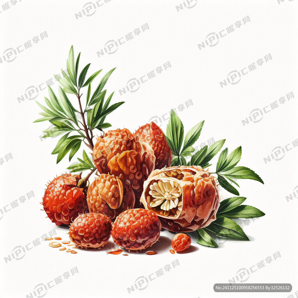 白底沙棘插画 有果油叶