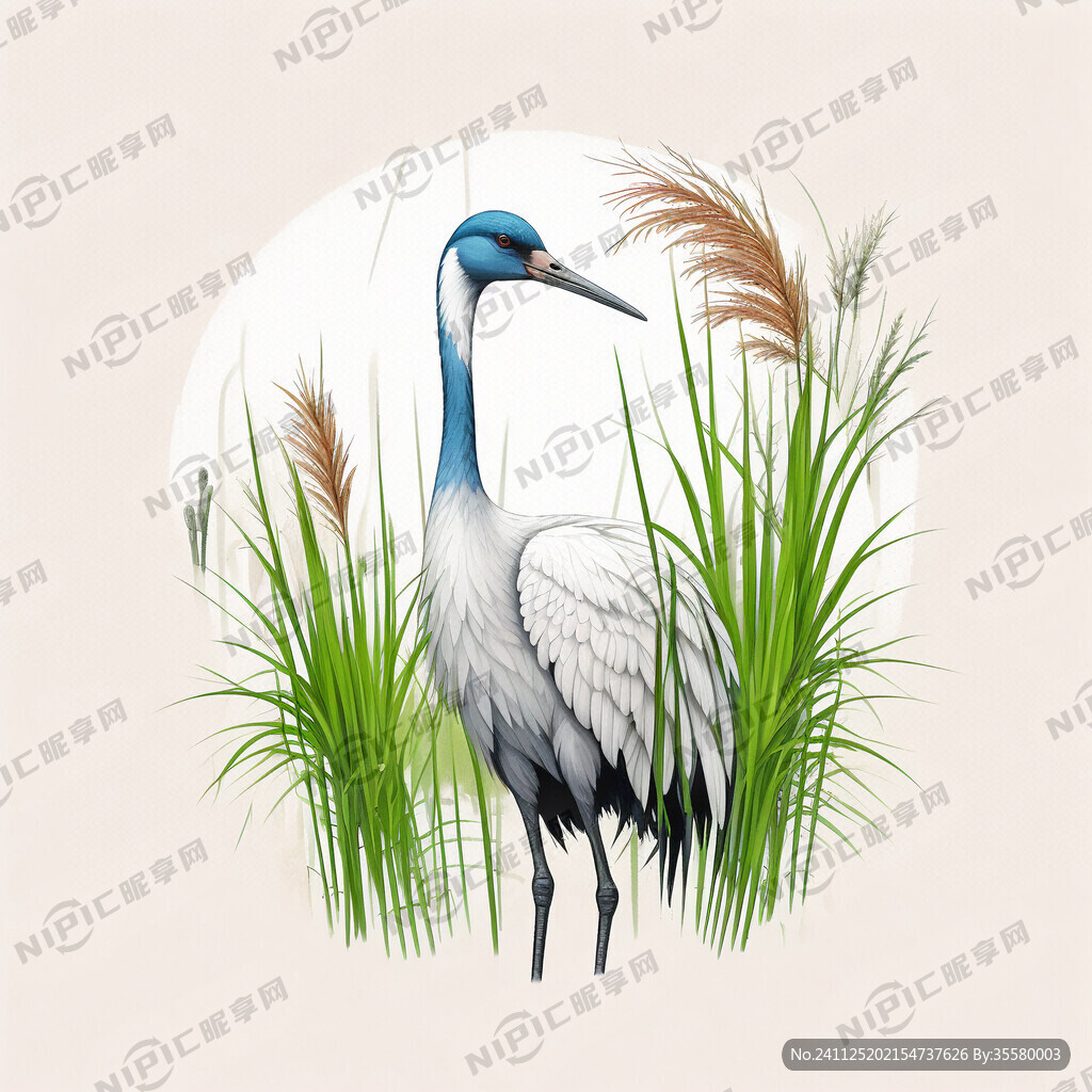 碱蓬草、芦苇丹顶鹤可爱风简笔画