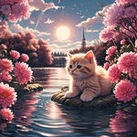 浪漫水畔 粉色 鲜花 小猫 倒影