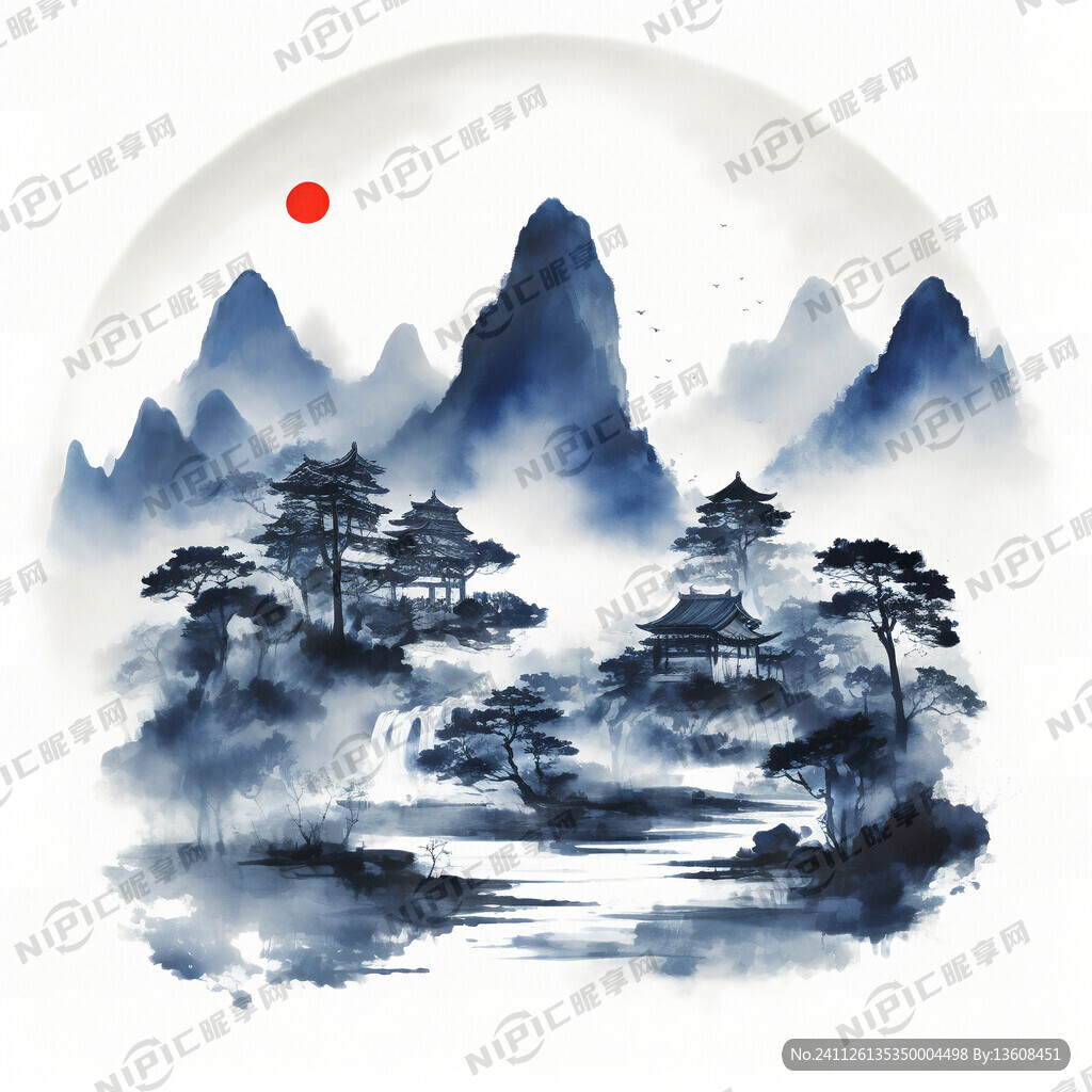青花瓷 山水 蓝色 水墨 房子