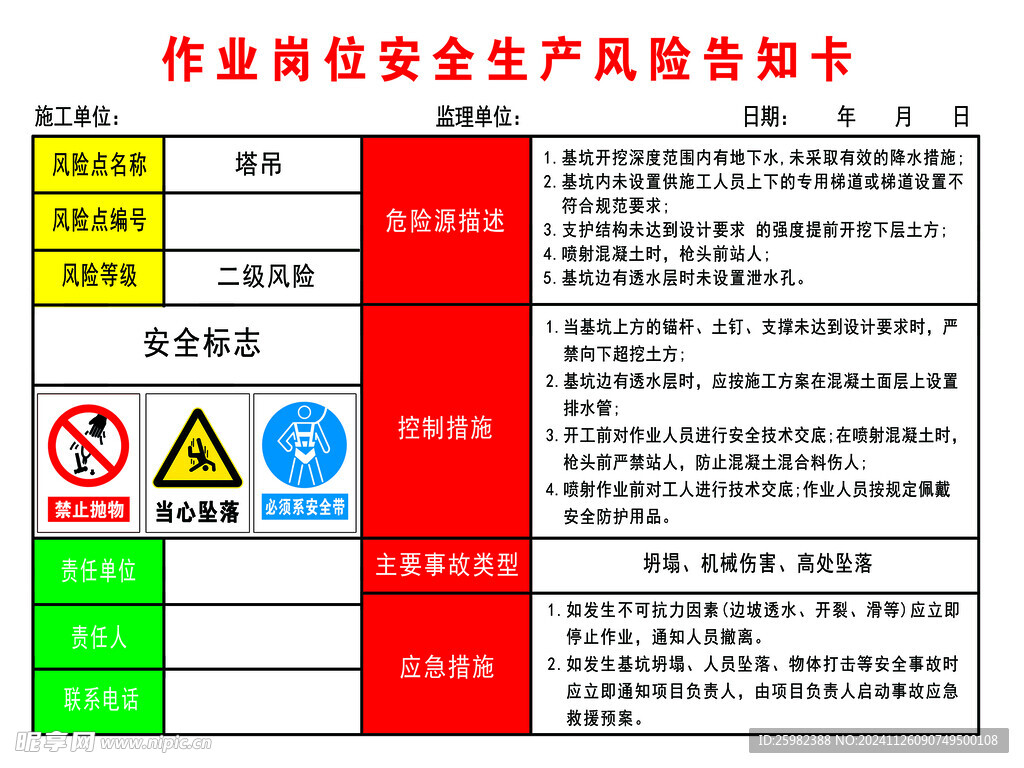 塔吊作业岗位安全生产风险告知卡