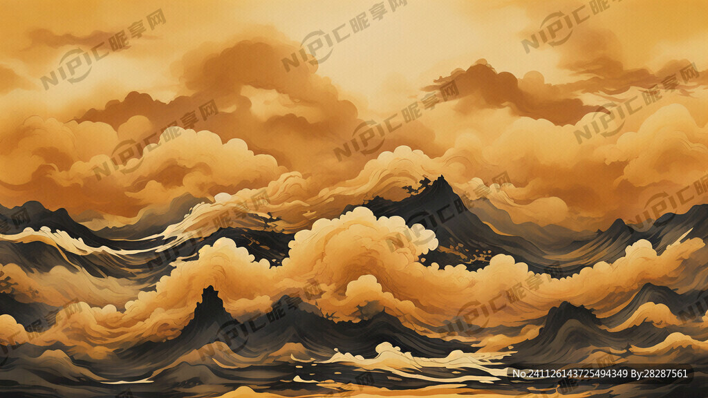 古风线绘祥云 深黄色背景