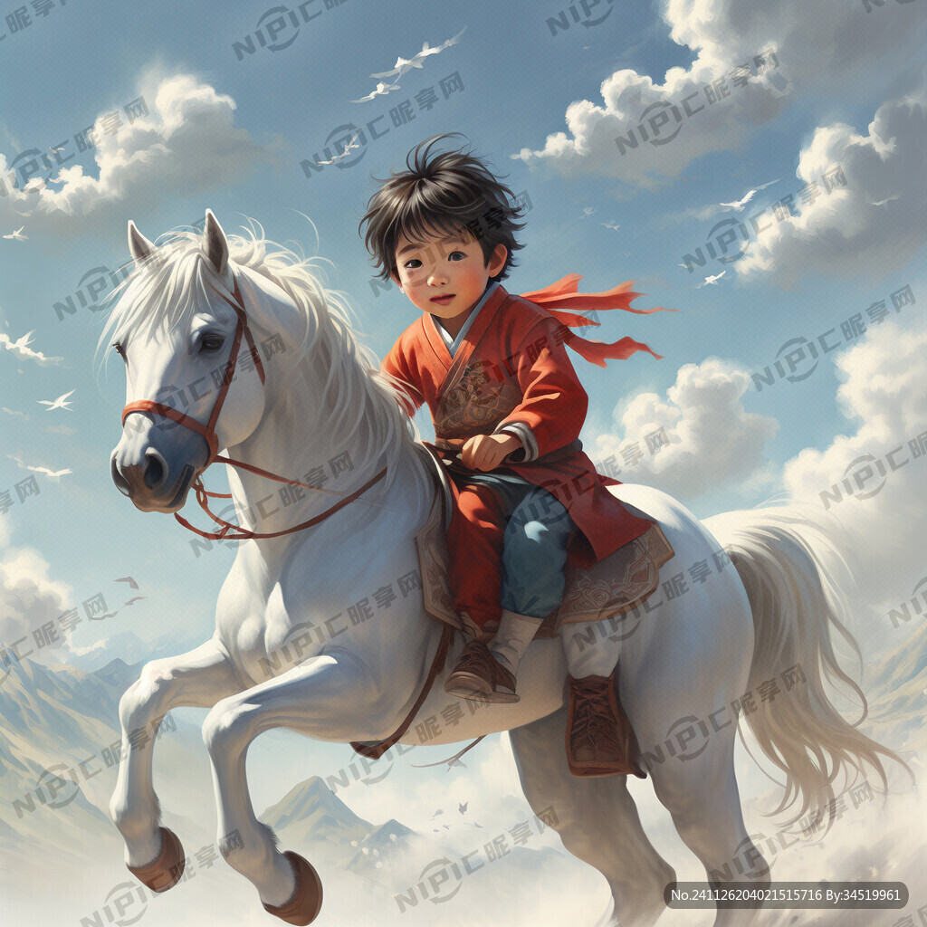 一个小孩子骑白马