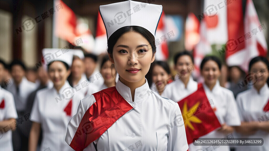 白衣护士举着旗子