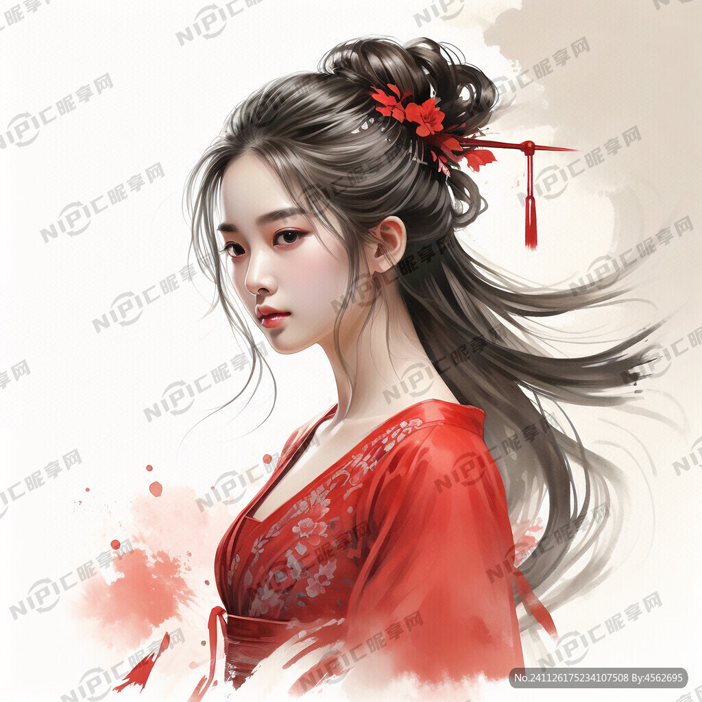 中国少女 长发、红色连衣裙