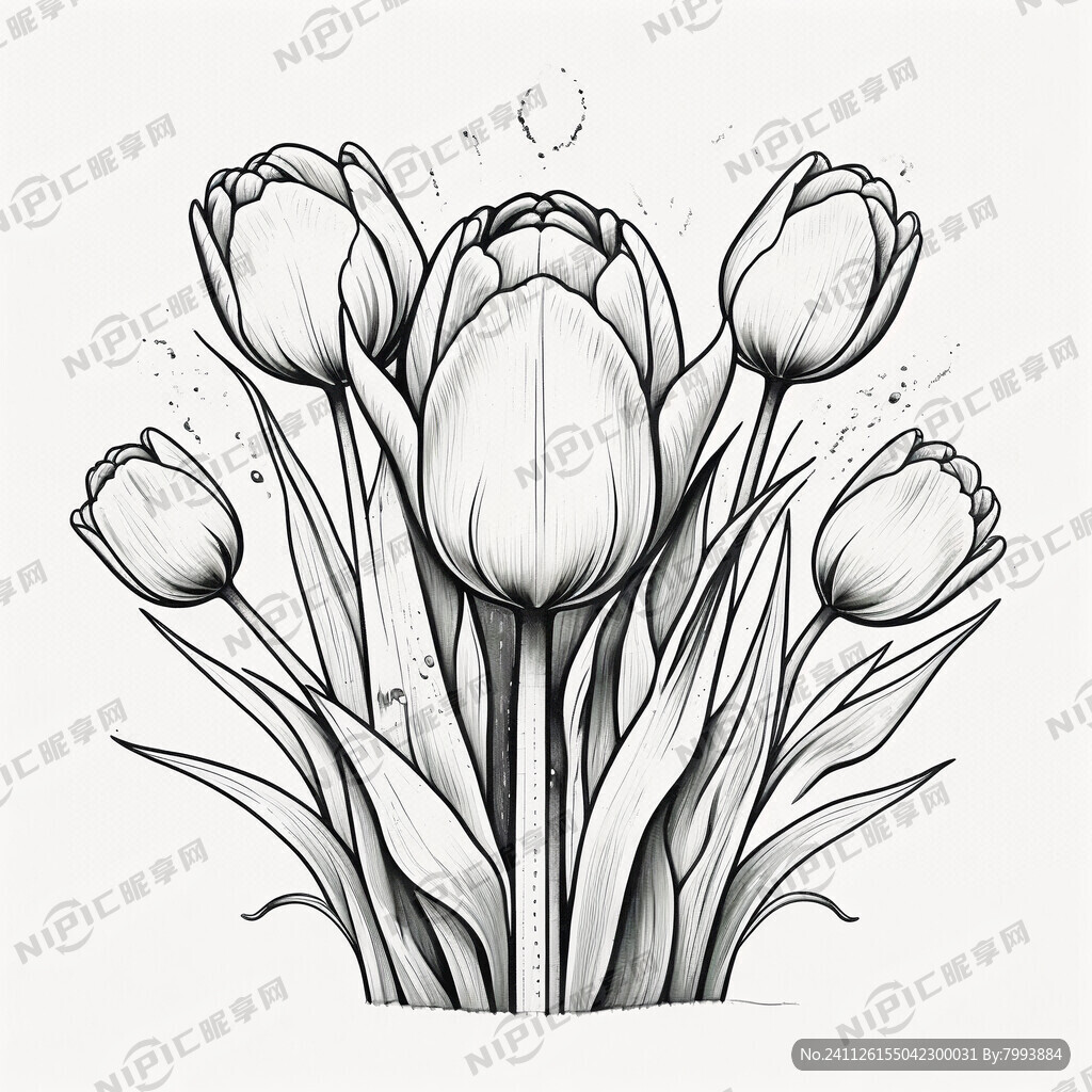 手绘郁金香线条填色图